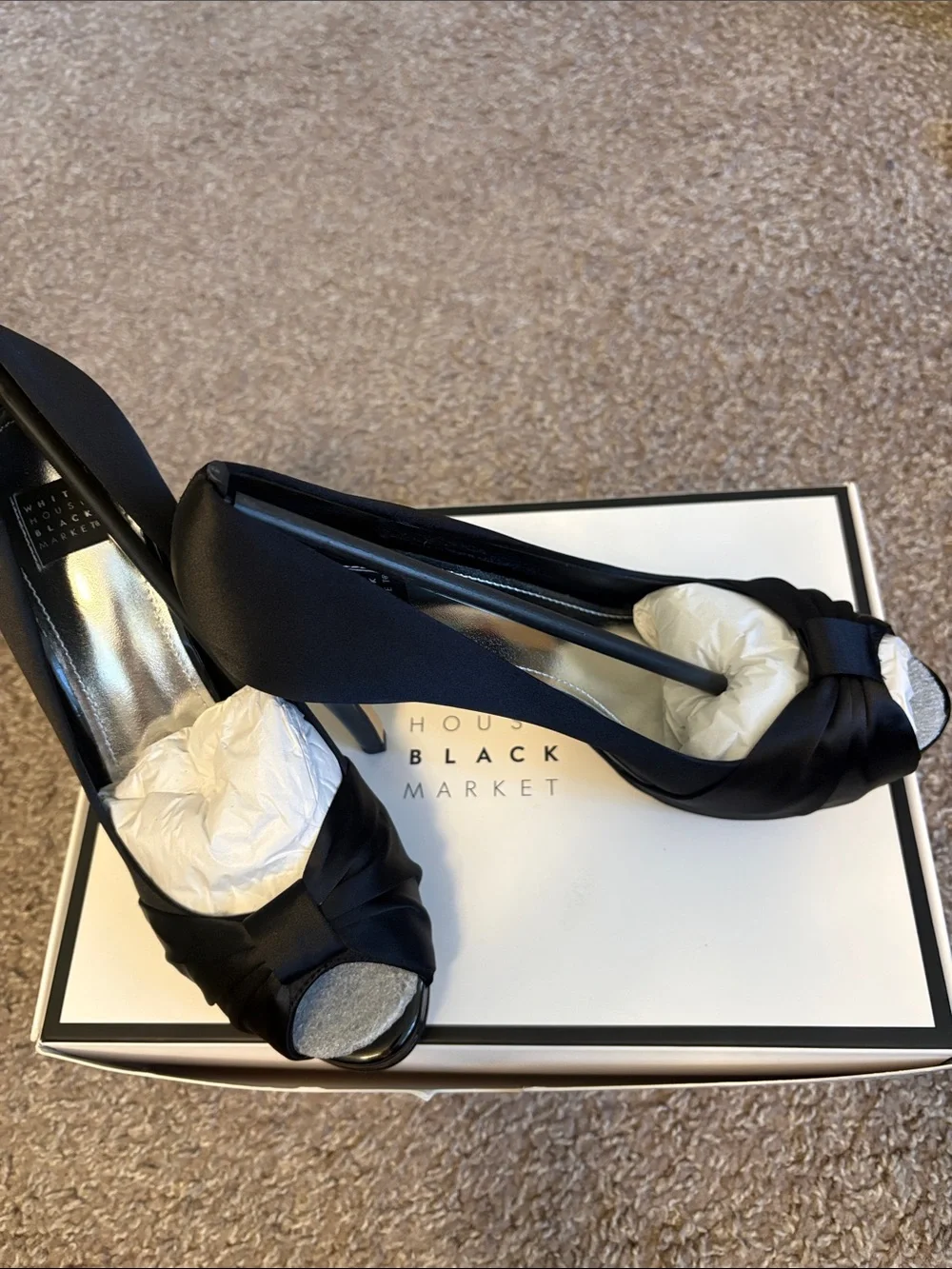 White House Black Market Black Satin Peep-Toe Knot Pumps